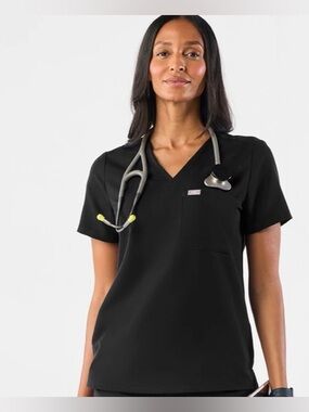 FIGS Catarina One Pocket V-Neck FIONx Scrub Top Womens Black | Small EUC